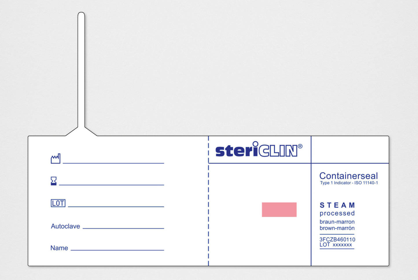 Containerseal weiß  aus Spezialkarton mit Dampf/STEAM-Indikator  für alle gängigen Containersysteme 125x45mm, gefaltet 62,5 x 45 mm)  1 VE=500 Stück